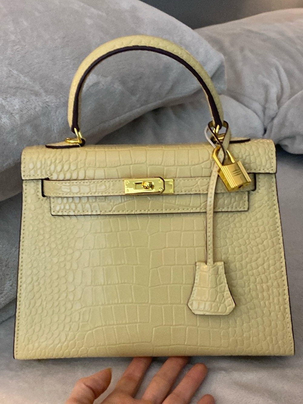 25cm beige sand butter tan crocodile leather top handle handbag